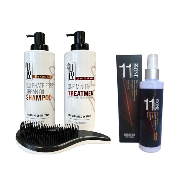 Lily Argan Shampoo, One Minute Treatment, 11 in One and Detangling Brush