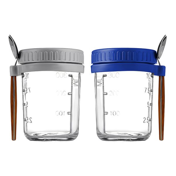 2-Pack Overnight Oatmeal Jars with Measurement Markers Spoons and Lids 16oz