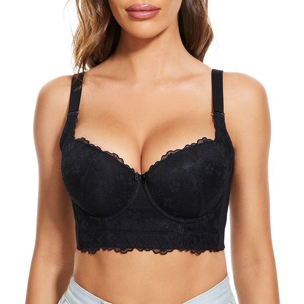 Women Push Up Bra Longline Corset Top Bustier Padded Underwire Lace bra