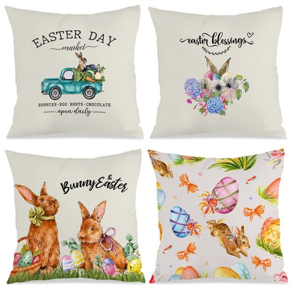 4 Piece Easter Bunny Pattern Cushion Cover, Polyester Cushion Covers