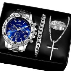 4 Piece Stylish Men's Watch Accessories Necklace Bracelet Rings - Silver