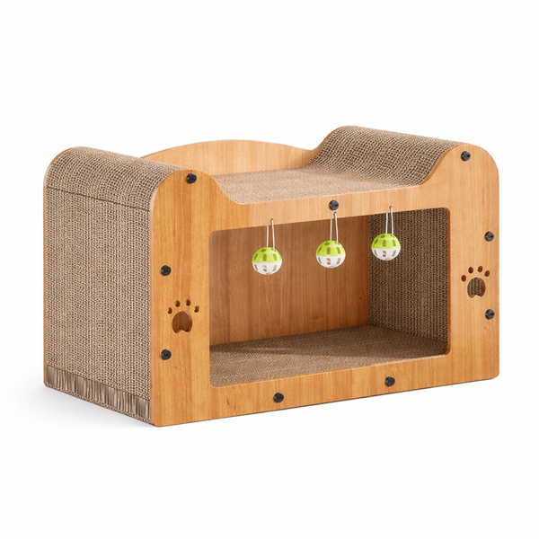 Wooden Cat Scratcher House with Hanging Toy Balls - Brown