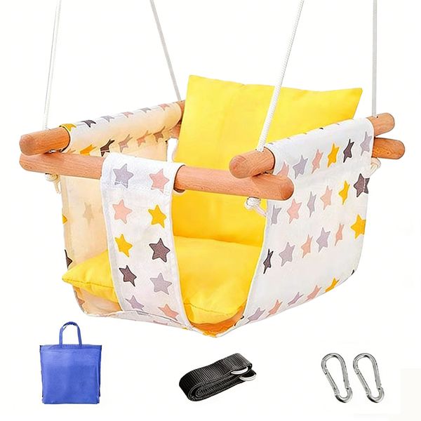 Canvas Baby Swing Wooden Hanging Swing Seat Chair up to 50kg with Safe Belt