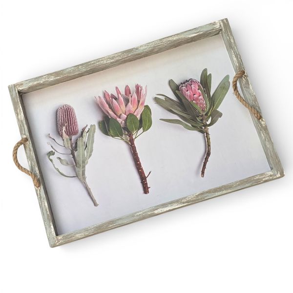 Rustic Wooden Serving Tray with Rope Handles - Protea &amp; Inspirational Quote