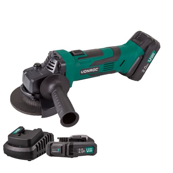 VONROC Angle grinder 20V - 115mm - 2Ah | Incl batteries and charger