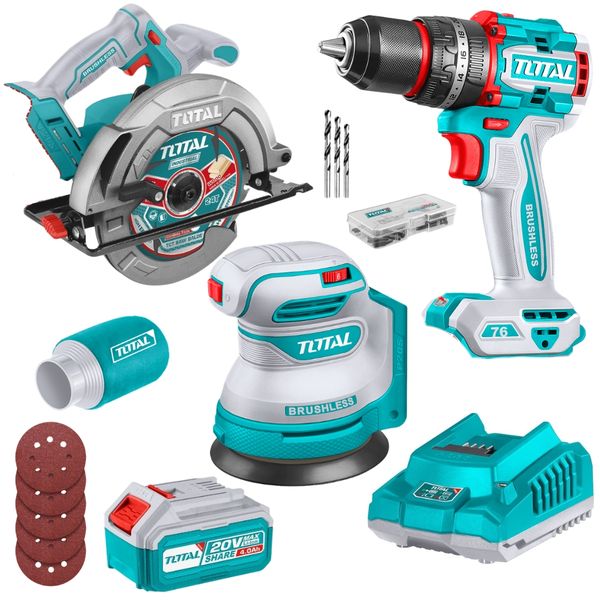 Total Tools - Impact Drill, Cir Saw, Orbit Sander with 4A Battery &amp; Charger