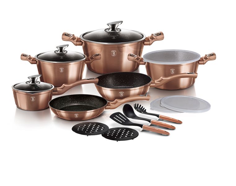 Berlinger Haus 18-Piece Marble Coating Smart Lid Cookware Set - Rose Gold