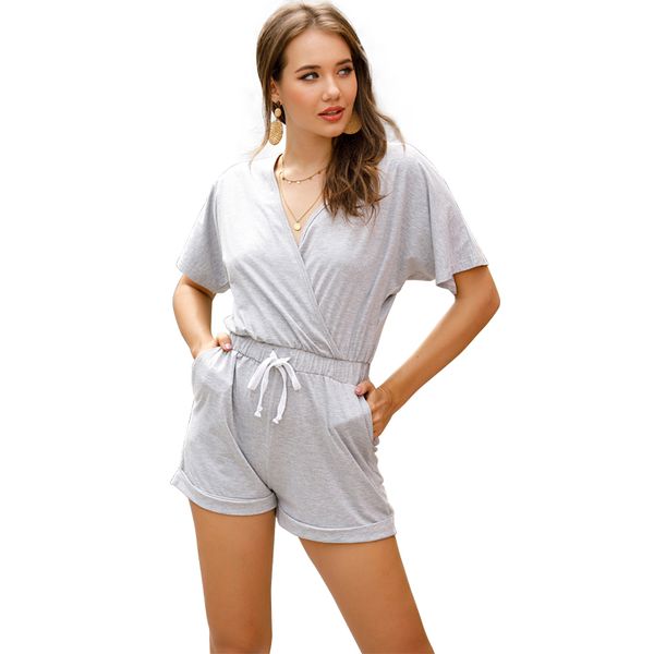 Women's Summer Casual Rompers Short Sleeve V Neck Loose Fit Jumpsuit Pocket