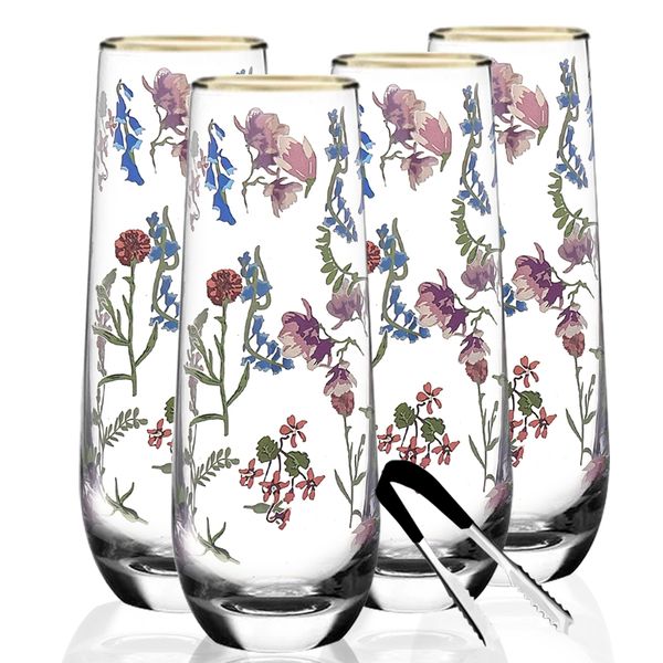Floral Elegant Stemless Champagne Flute Glass - Set of 5