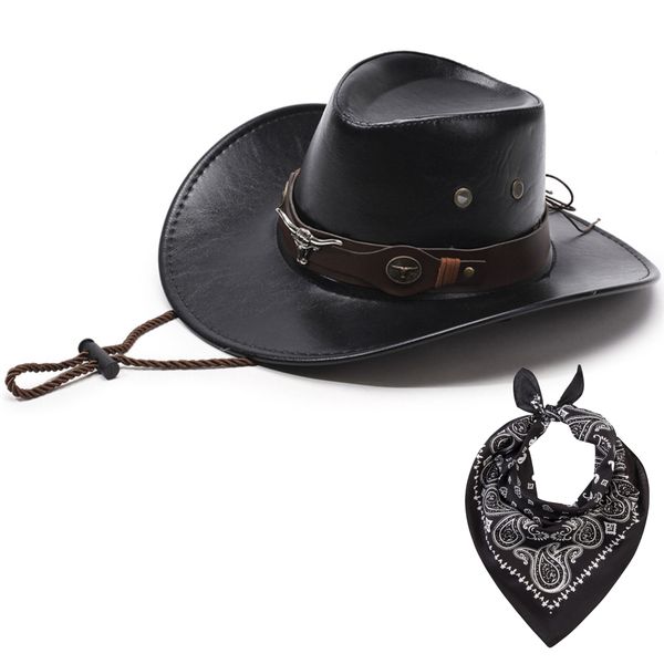 Classic Western Leather Cowboy Hat for Women &amp; Men with Patterned Scarf