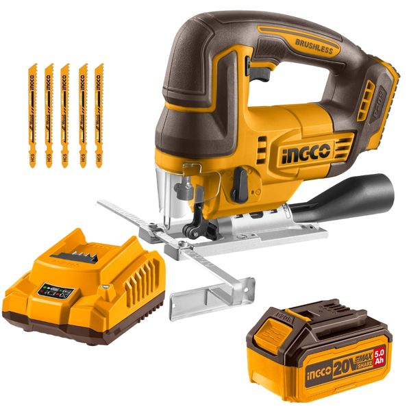Ingco - Cordless Jigsaw including 5 Blades with 5.0Ah Battery &amp; Charger