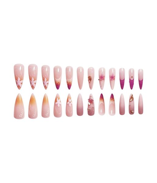 24 Pcs-Gradient Floral Press-On Nails With Dainty Flower Accents-Multicolor