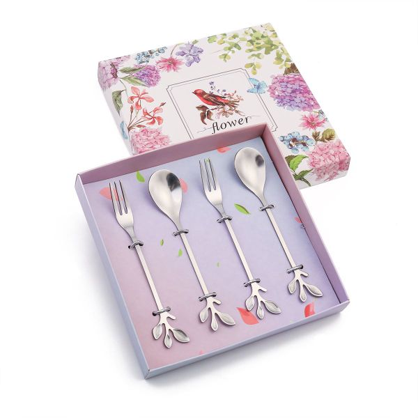 4 Pieces Stainless Steel Leaf Design Stirring Coffee Tea Spoon Dessert Fork Set