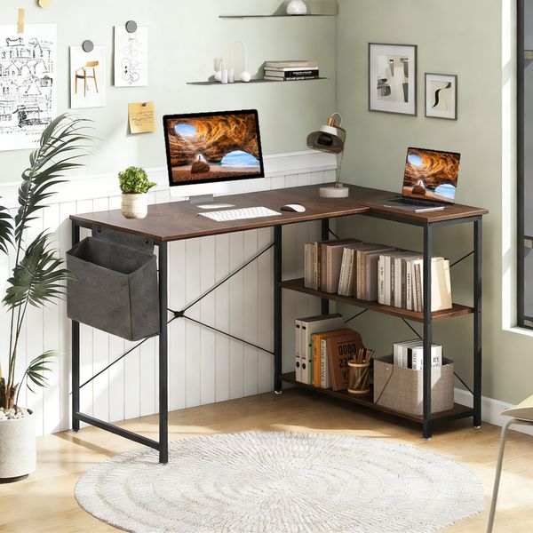 L Shaped Computer Desk Office Desk Gaming Desk with 2 Storage Shelves &amp; Bag
