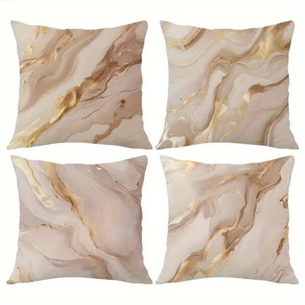 4 Piece Set Beige and Gold Marble Pillow Covers