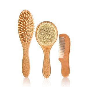 Baby Hair Brush and Comb Set - Wooden Soft Bristle Brush, Cradle Cap Brush