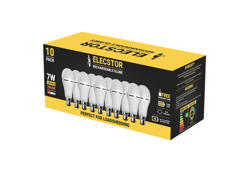 Elecstor 7W B22 Rechargeable Globe 1200mah - A60 Warm White 10 Pk Bayonet