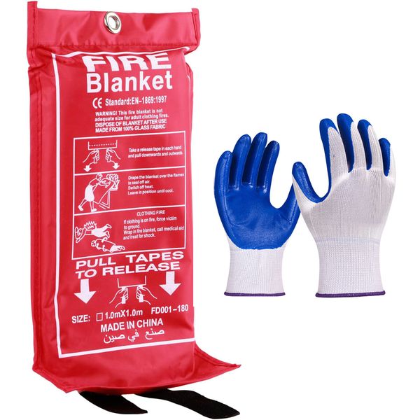 1.2m Fire Blanket Suppression Cloth for Home and Kitchen &amp; PU Coated Gloves