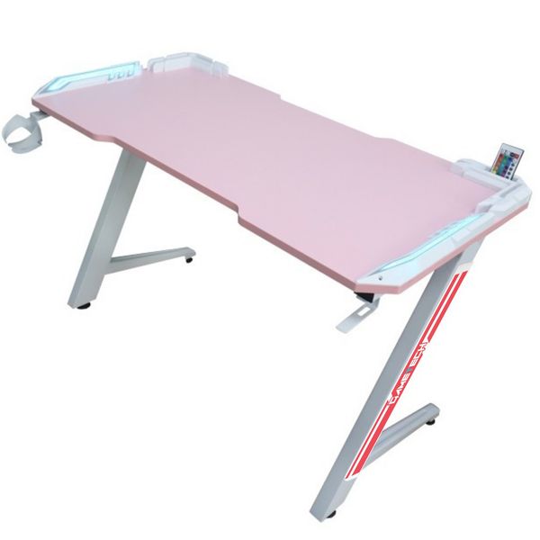 Z-Shaped Pink Gaming Desk with RGB Lights