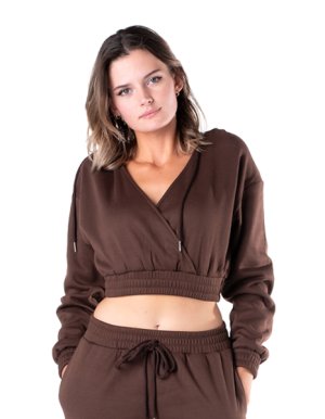 Womens Brushed Fleece V-Neck Cropped Hoodie -Brown -Loungewear,Comfort,Soft