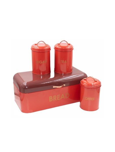 Dream World Two-Tone Bread Bin with 3 Piece Canister Set - Red