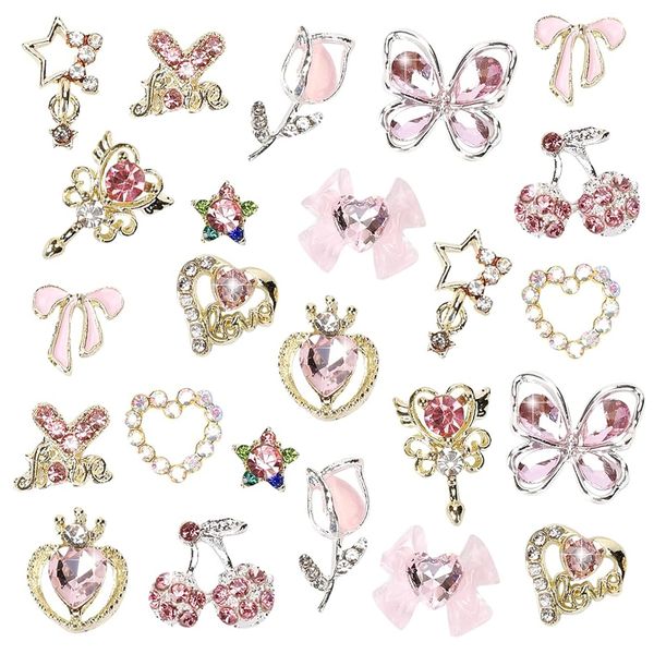 24-Piece Nail Charms Y2k Alloy Nail Art Rhinestone Charms 3D Heart Star