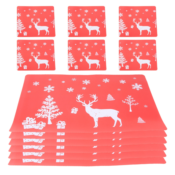 Christmas Placemat Washable Mat Set of 6 &amp; Cup Mats(Red)