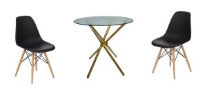 3 Piece 80cm Glass Table Gold Legs and Wooden Leg Chairs