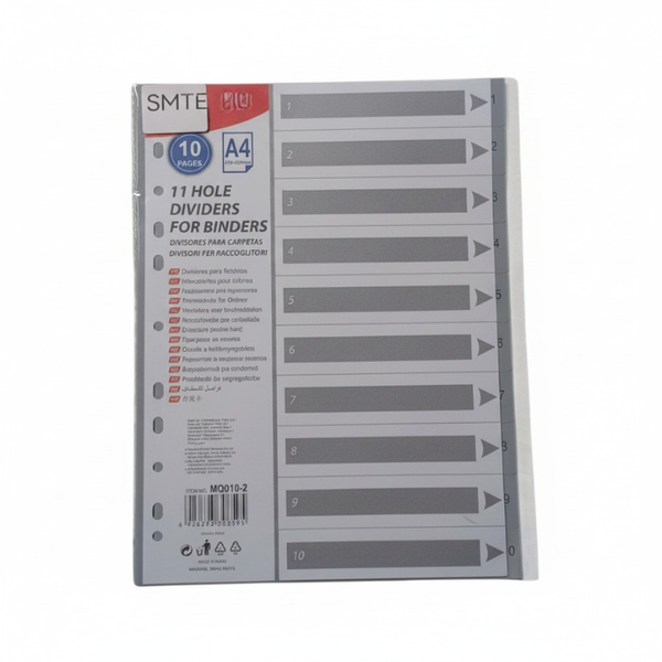 SMTE 11-Hole Dividers for Binders - A4 Size, 10 Numbered Tabs - Pack of 12