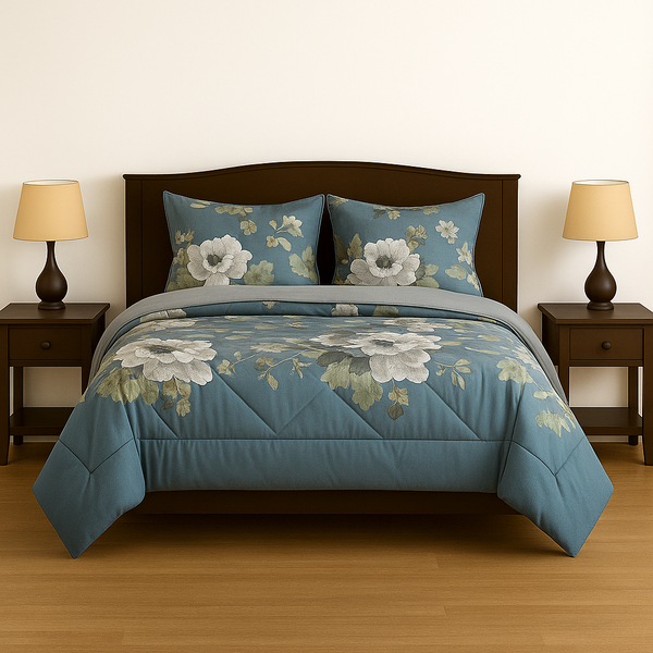 Luxury Polyester Comforter Set - Floral Blue - 5 Piece Set
