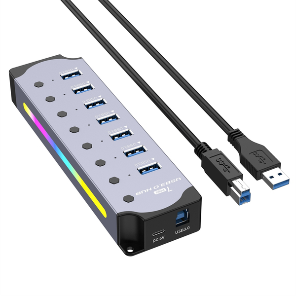 Usb 3.0 Hub 7-Port Rgb Hub with Led Strip Aluminum Case Hub Eu Plug