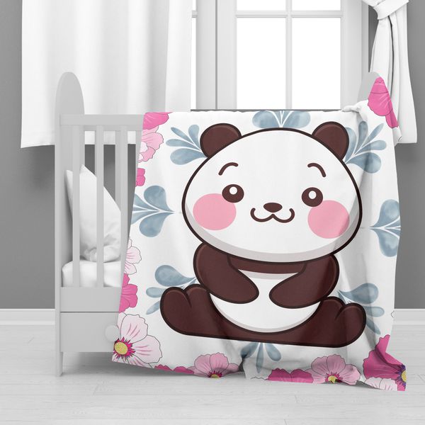 White Floral Panda Minky Blanket