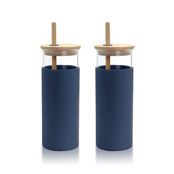 Funky Glass Tumbler with Straw Removable Silicone Sleeve - Set of 2