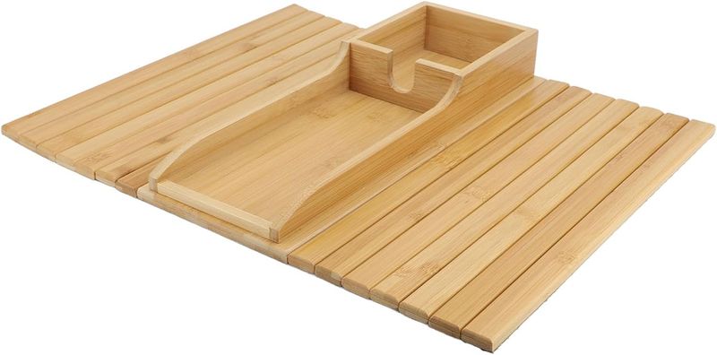 Bamboo Sofa Armrest Tray Table with Cup Slot and Phone Holder for Living Room