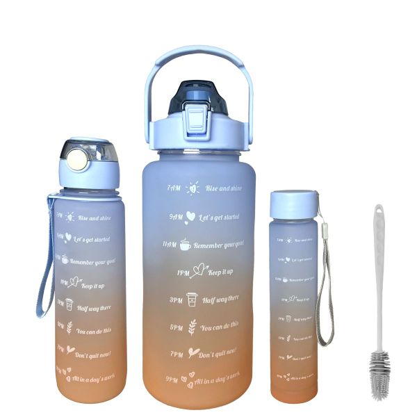 3-in-1 Water Bottle with Motivational Time Markers - Set of 3 - Blue Ombre