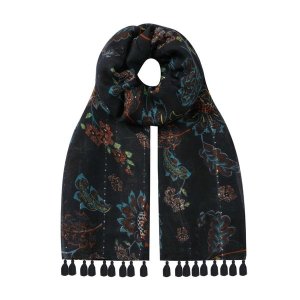 SoGood-Candy - Scarf - Black Arabesque Floral with Tassels