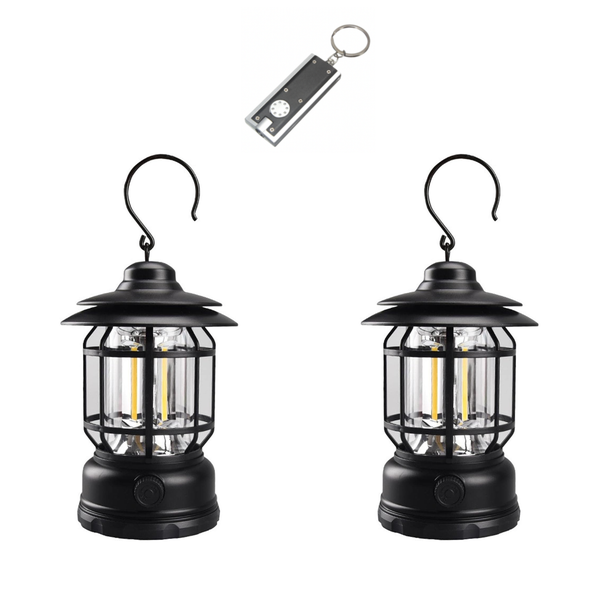 Vintage USB Rechargeable Camping Lantern with LED Keyring Torch - 2 Pack