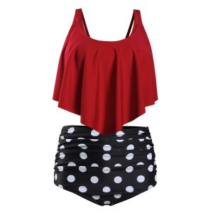 Olive Tree - Ladies Top Ruffled High Waist Tummy Control Swimsuit - Red