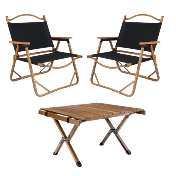 Collapsible Outdoor Camping Armchair with Foldable Picnic Table, Set of 3