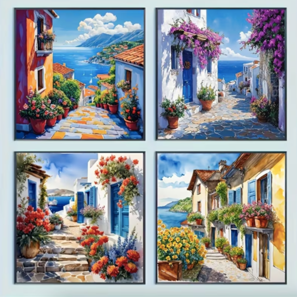 4-Piece Mediterranean Village Diamond Art Kit (20 × 20 cm)