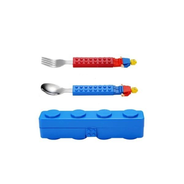 Kids Building Block Cutlery Set with Storage Case - Spoon &amp; Fork Set