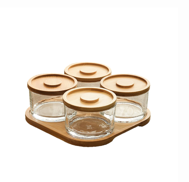 Aqua Glass Condiment Set with Bamboo Tray - Set of 4