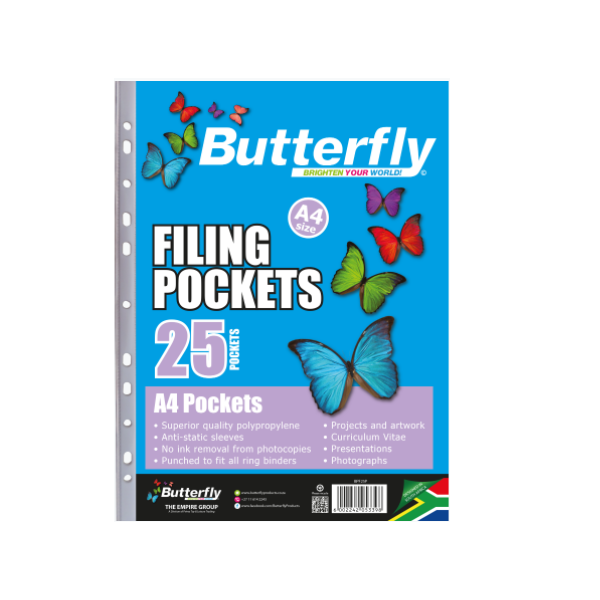 Butterfly Filing Pockets A4 25'S (Pack Of 10, 250 Pockets)