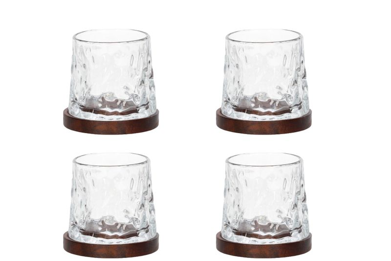 Danny home Twisted Whiskey Glass With Wooden Coaster Set of 4