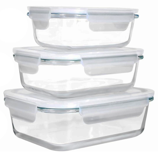 3 Piece Glass Food Containers With Lids, Meal Prep Glass Food Storage Containers