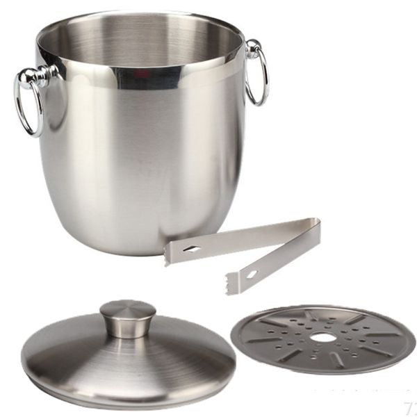 Stainless Steel Double Wall Ice Bucket with Lid Tongs Round Beer Cooler