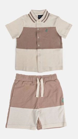 Polo Boys Mandla Sand Colour Blocked Shorts and Shirt Set