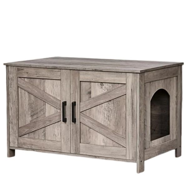 Cat House, Pet House Double Door,Wooden Cat Litter Box Enclosure - Greige