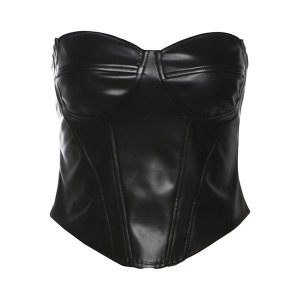 Black Leather Vest With Strapless And Sleeveless Tight Design