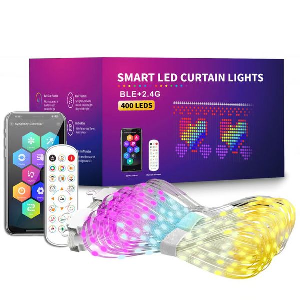 2m×2m RGBIC Curtain Lights - 400 LED Bluetooth APP Control,DIY Pattern/Text